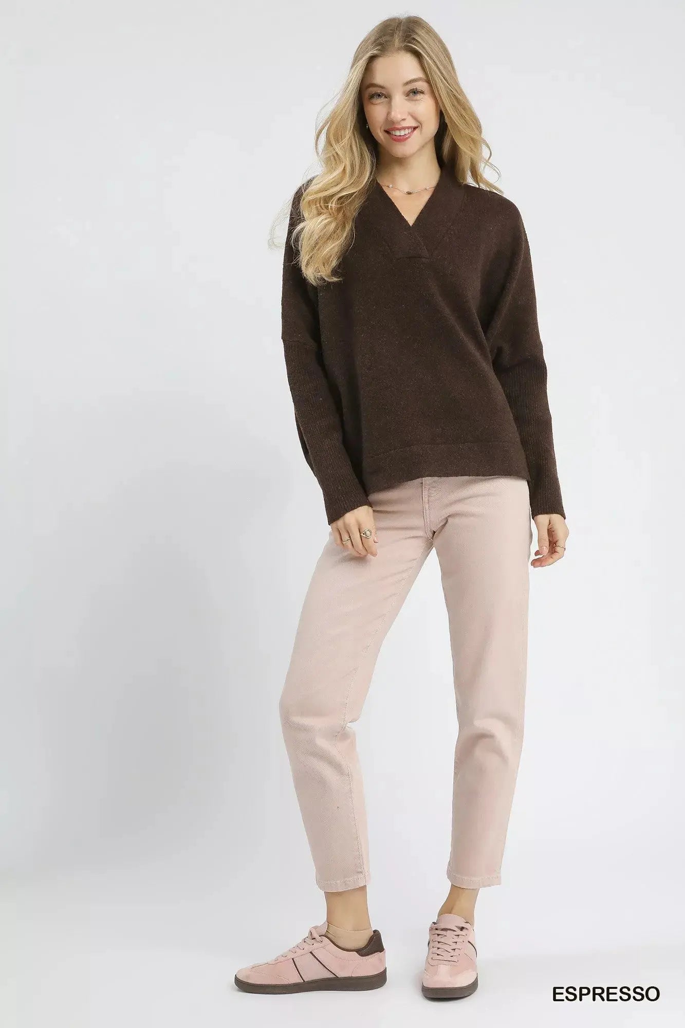 Umgee V-Neck Sweater with Wide Trim Detail  Style Ratio