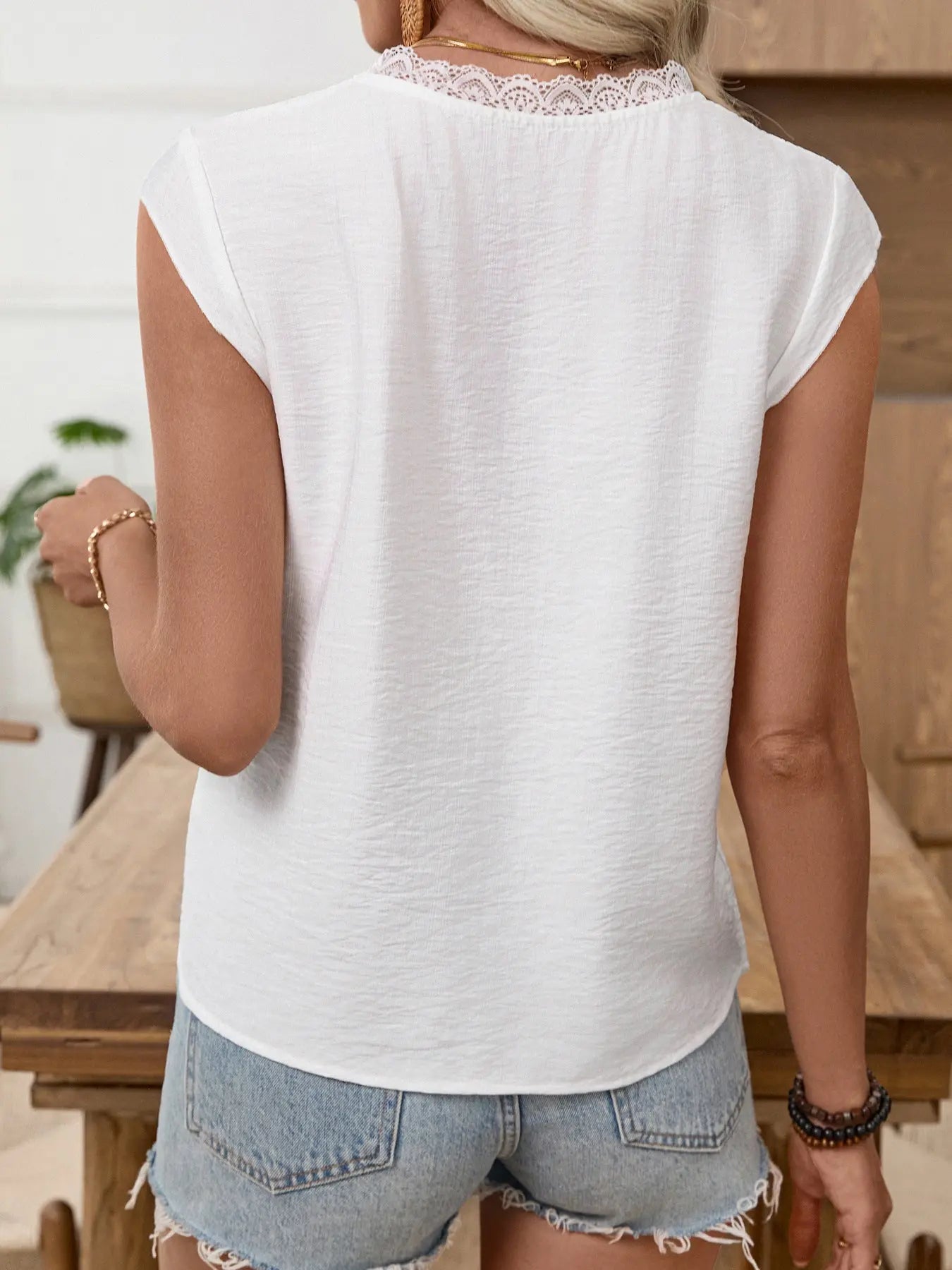 Lace Trim Notched Blouse  Style Ratio