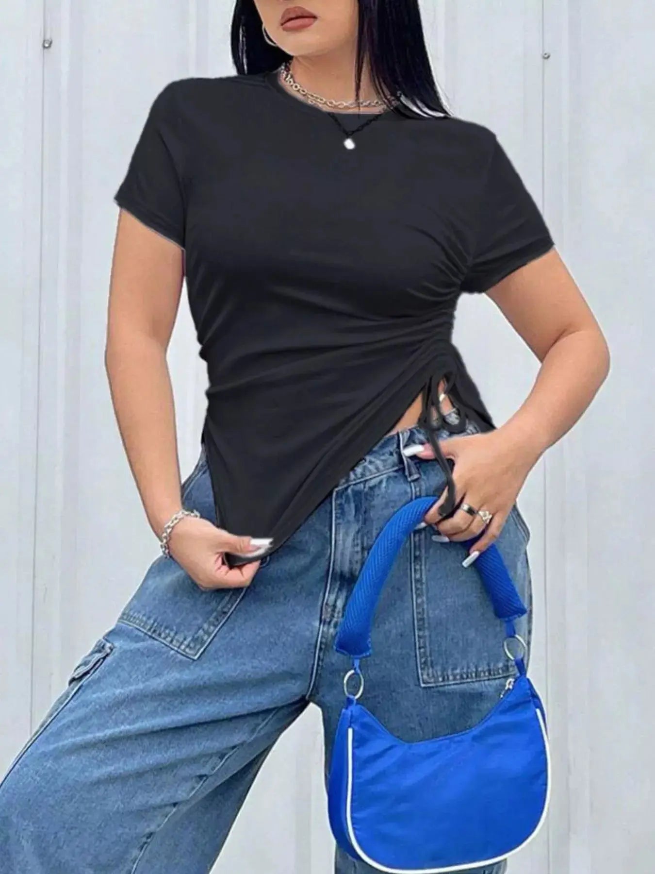 Plus Size Ruched Round Neck Short Sleeve Shirt  Style Ratio
