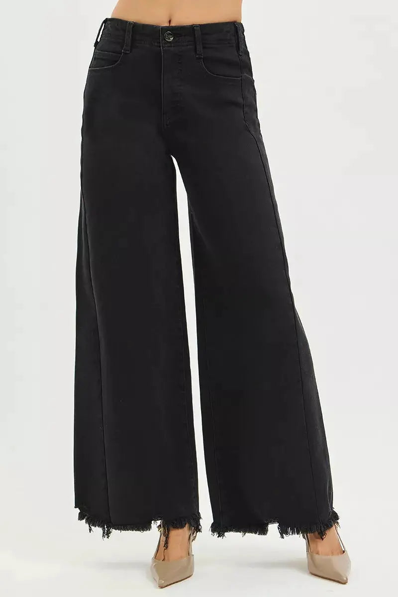 RISEN Tummy Control High Rise Palazzo Leg Frayed Hem Jeans  Style Ratio