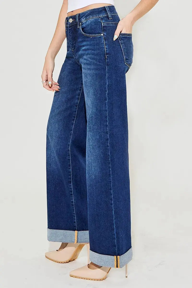 RISEN Tummy Control High Rise Wide Leg Cuffed Jeans  Style Ratio