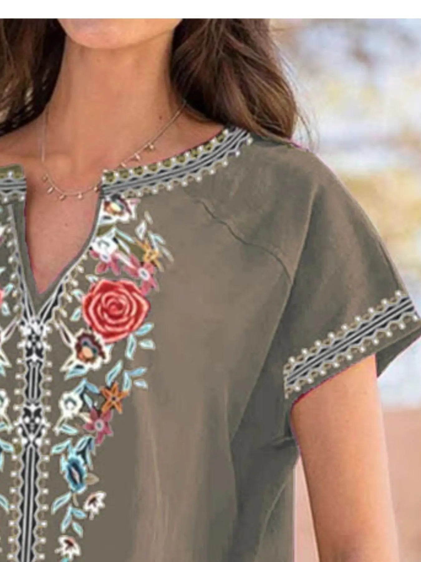 Full Size Floral Notched Short Sleeve Blouse  Style Ratio