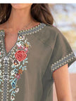 Full Size Floral Notched Short Sleeve Blouse  Style Ratio