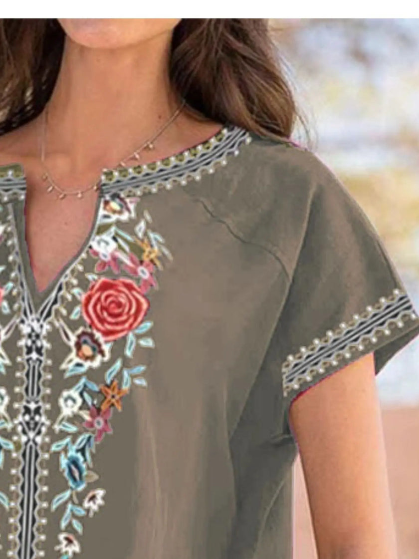 Full Size Floral Notched Short Sleeve Blouse  Style Ratio