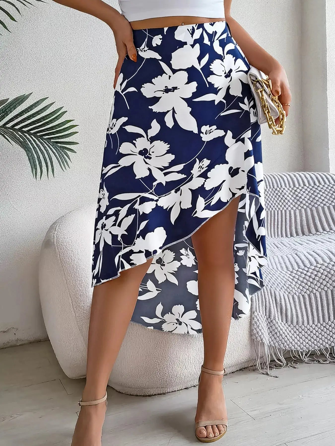 Floral Print Ruffle Hem Asymmetrical Skirt  Style Ratio
