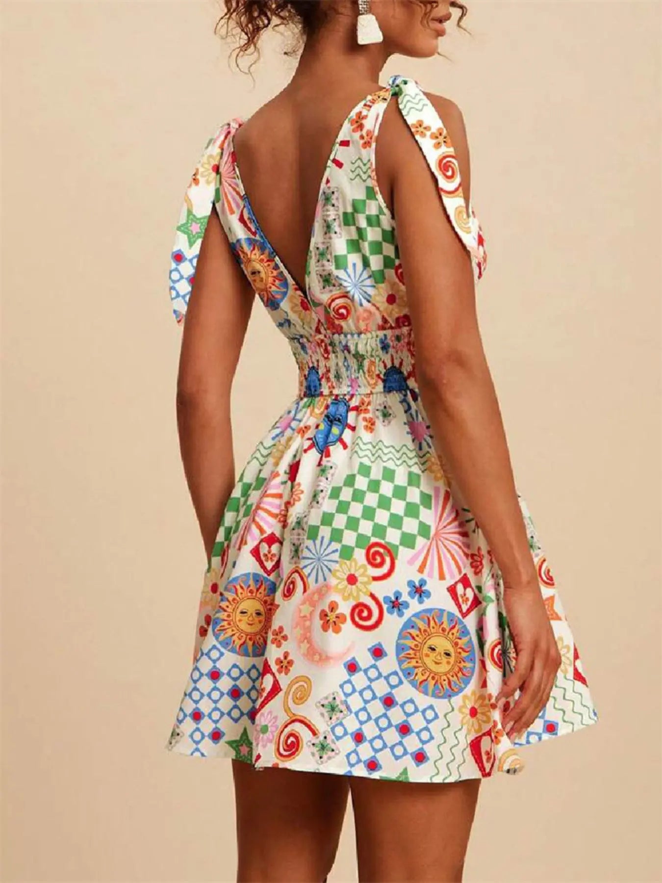 V-Neck Sleeveless Smocked Waist Printed Mini Dress  Style Ratio