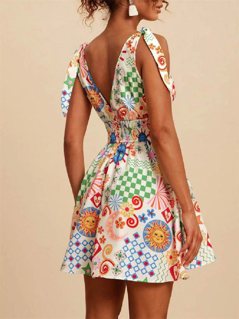 V-Neck Sleeveless Smocked Waist Printed Mini Dress  Style Ratio