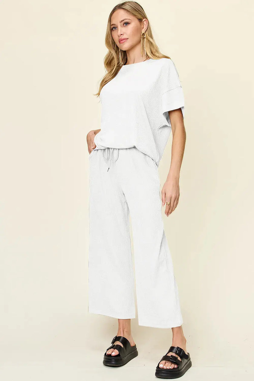 Double Take Texture Round Neck Short Sleeve Shirt and Wide Leg Pants  Style Ratio