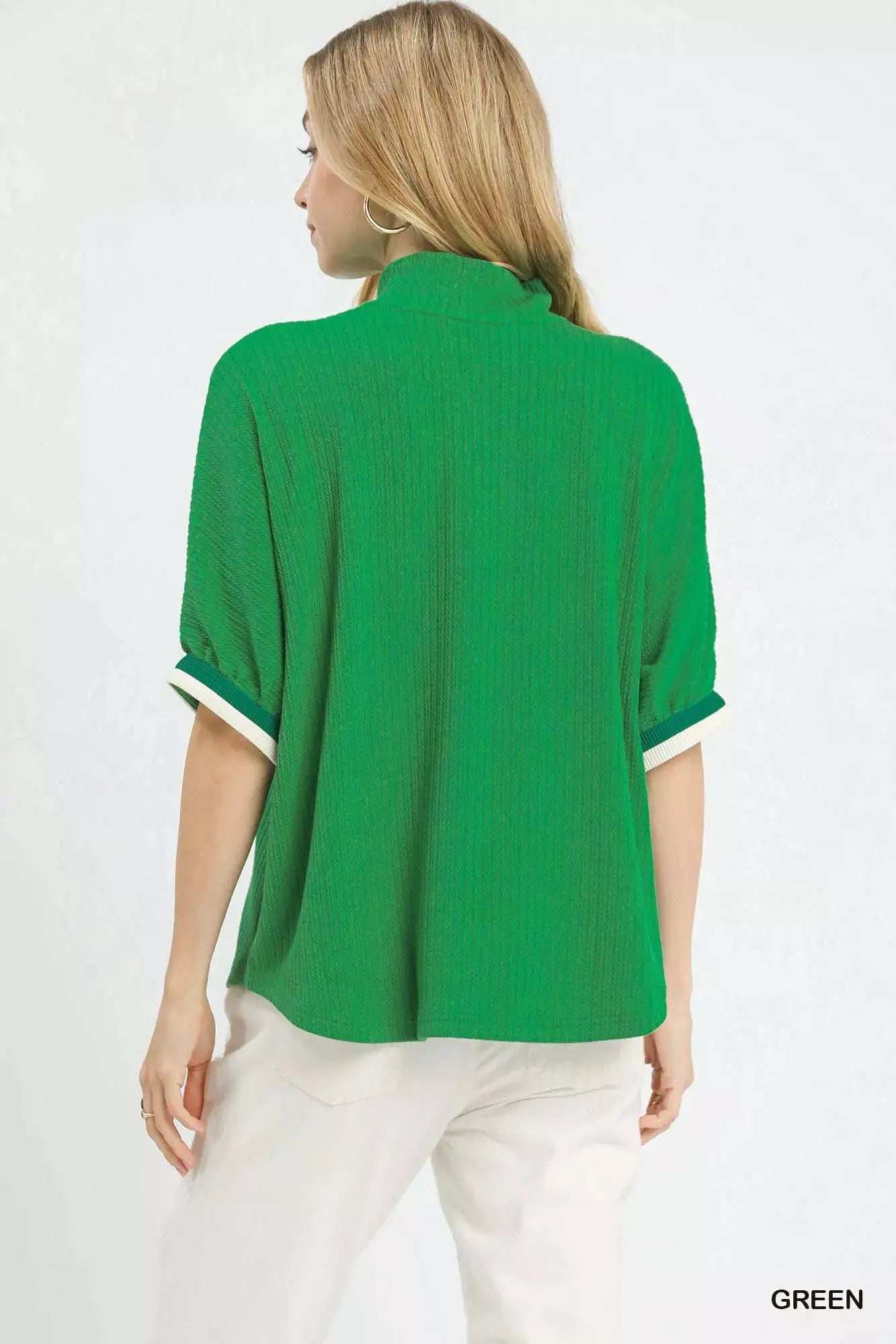 Umgee Textured Knit Top with Striped Contrast Trim  Style Ratio