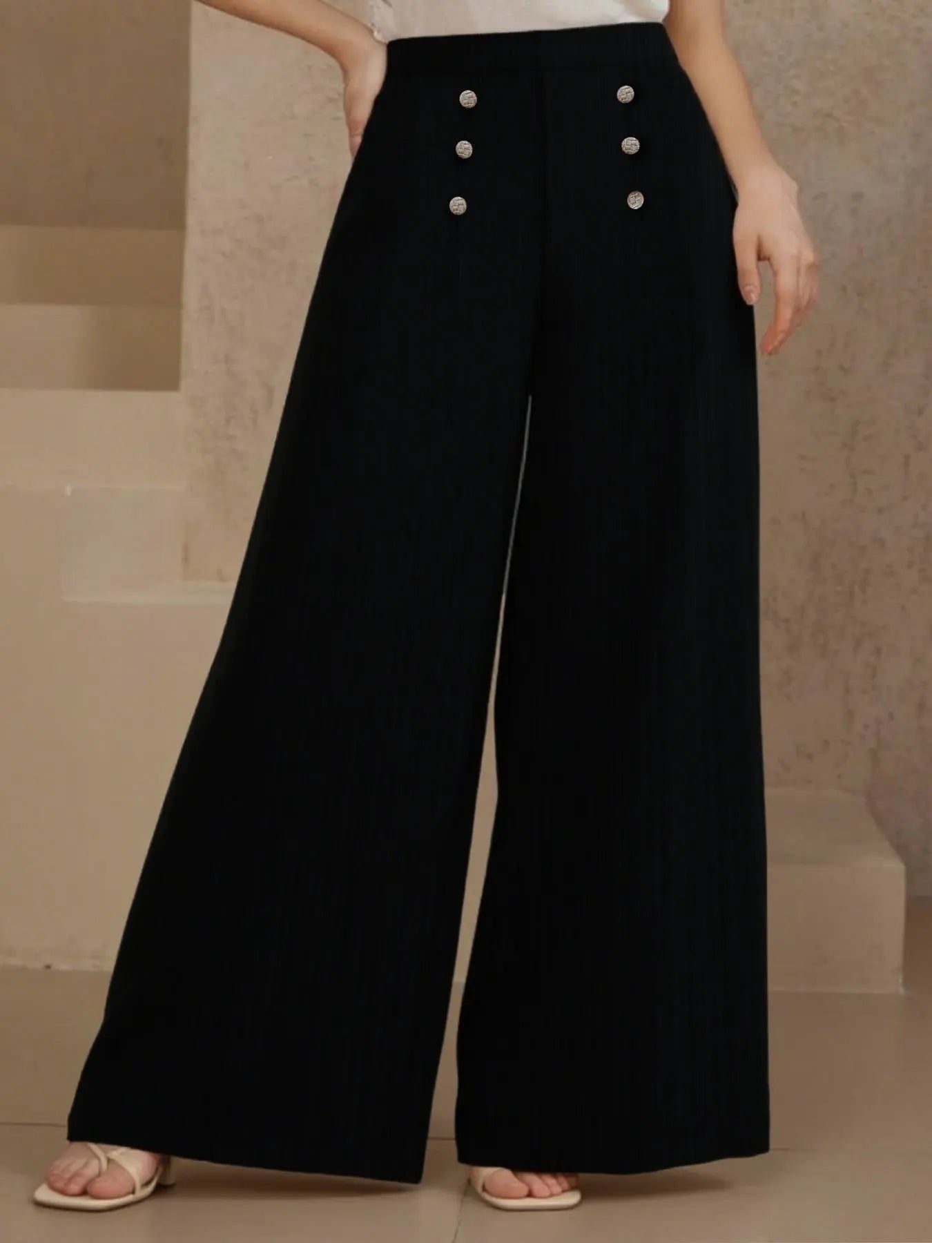 Plus Size High Waist Wide Leg Button Decor Pants  Style Ratio