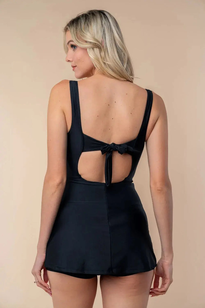 White Birch Full Size Sleeveless Tie Back Performance Knit Swim Dress  Style Ratio