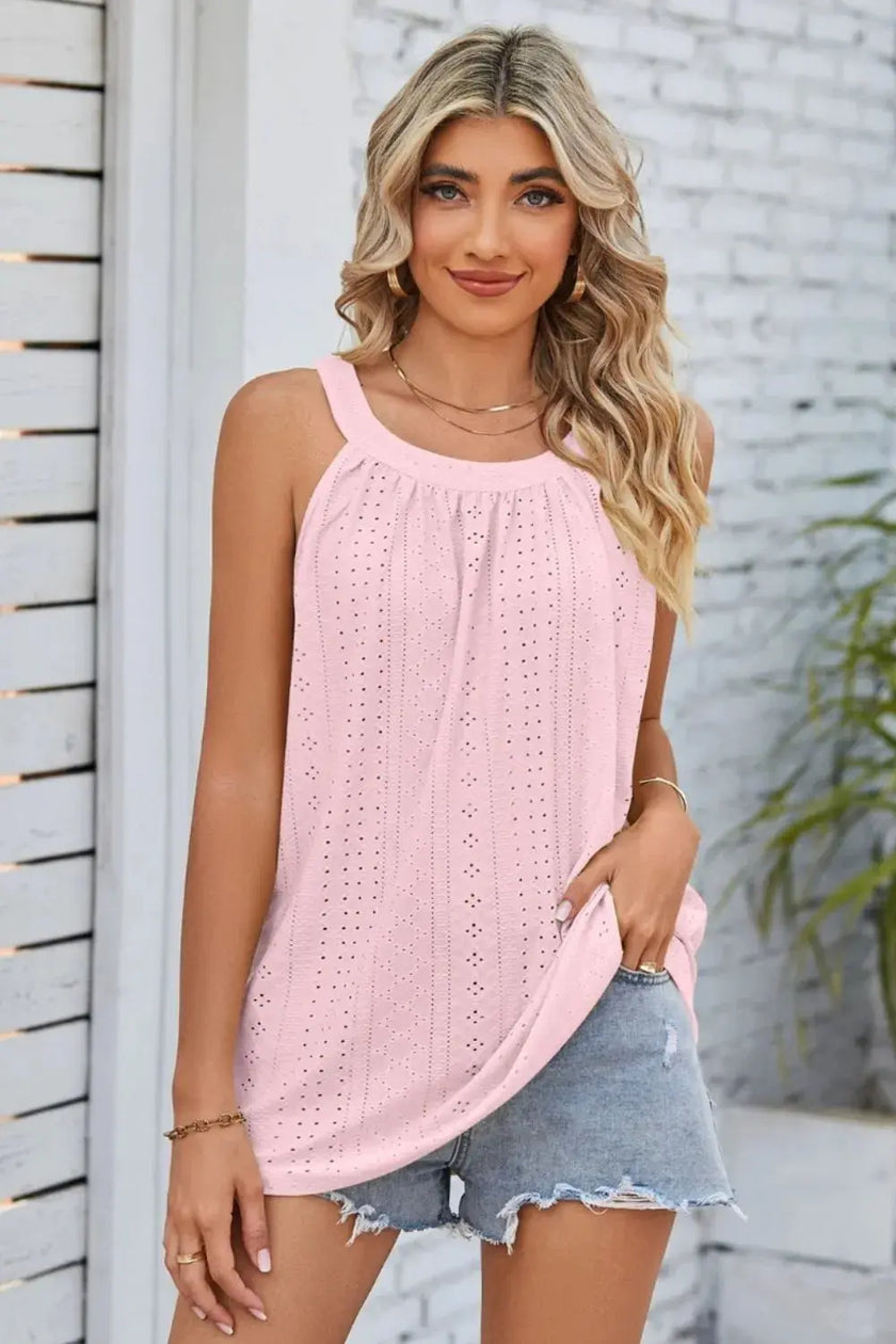 Openwork Round Neck Wide Strap Tank  Style Ratio