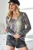 BiBi Snakeskin Print Low Gauge Hacci V Neck Long Sleeve Top  Style Ratio