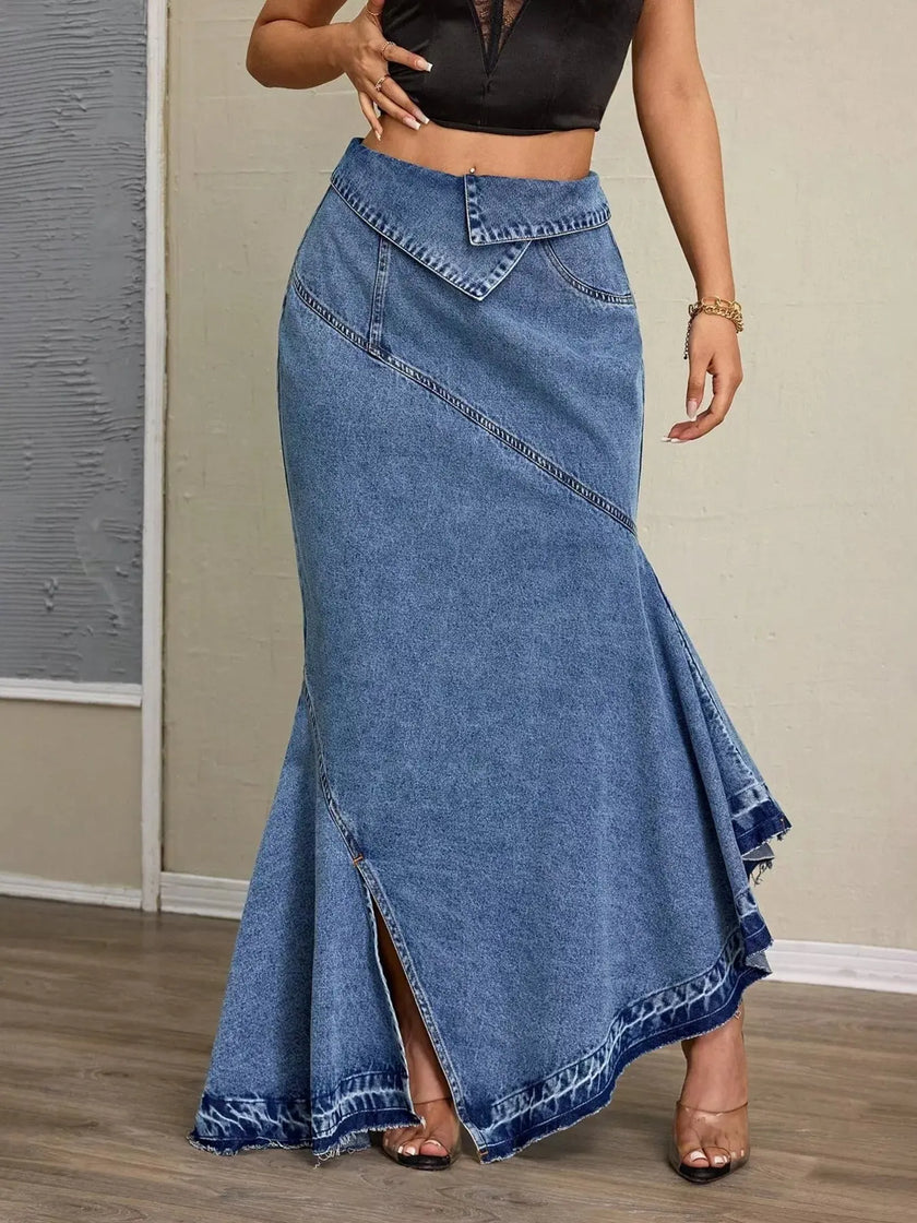 High-Waist Asymmetrical Slit Denim Maxi Mermaid Skirt  Style Ratio