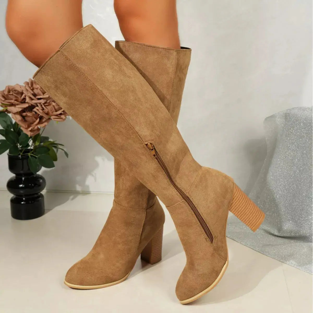 Point Toe Knee-High Suede Block Heel Boots  Style Ratio