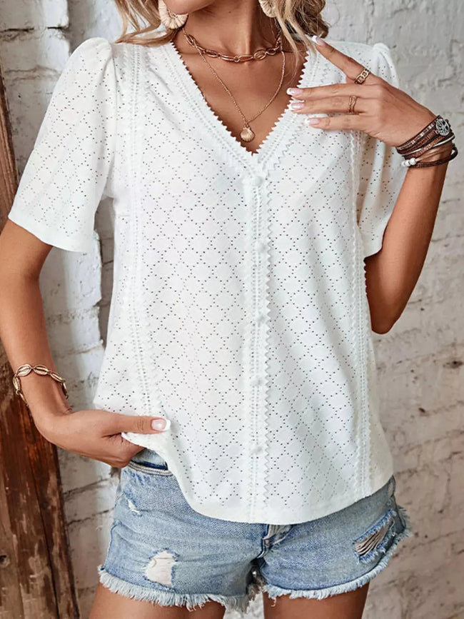 Eyelet Lace Detail Short Sleeve Blouse  Style Ratio