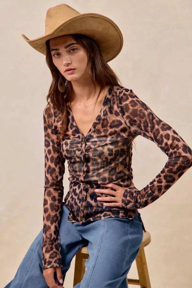 BiBi Leopard Printed Mesh Long Sleeve Top  Style Ratio