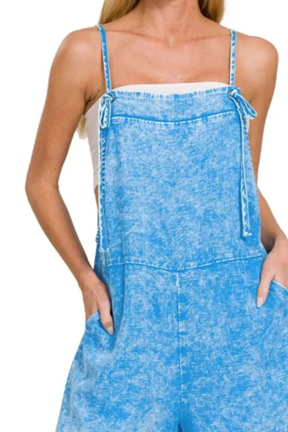 Zenana Washed Linen Knot Strap Rompers  Style Ratio
