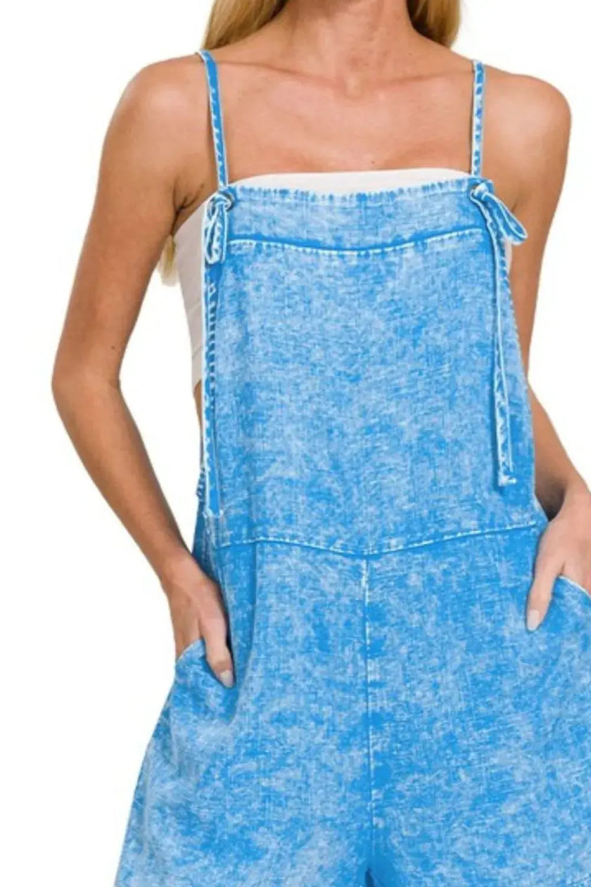 Zenana Washed Linen Knot Strap Rompers  Style Ratio