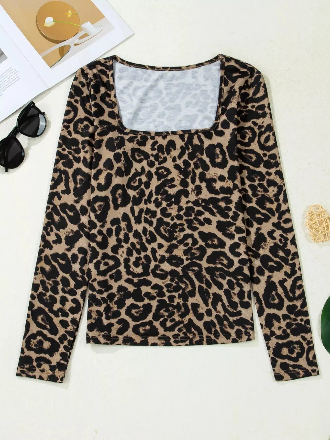 Leopard Print Square Neck Long Sleeve Top  Style Ratio