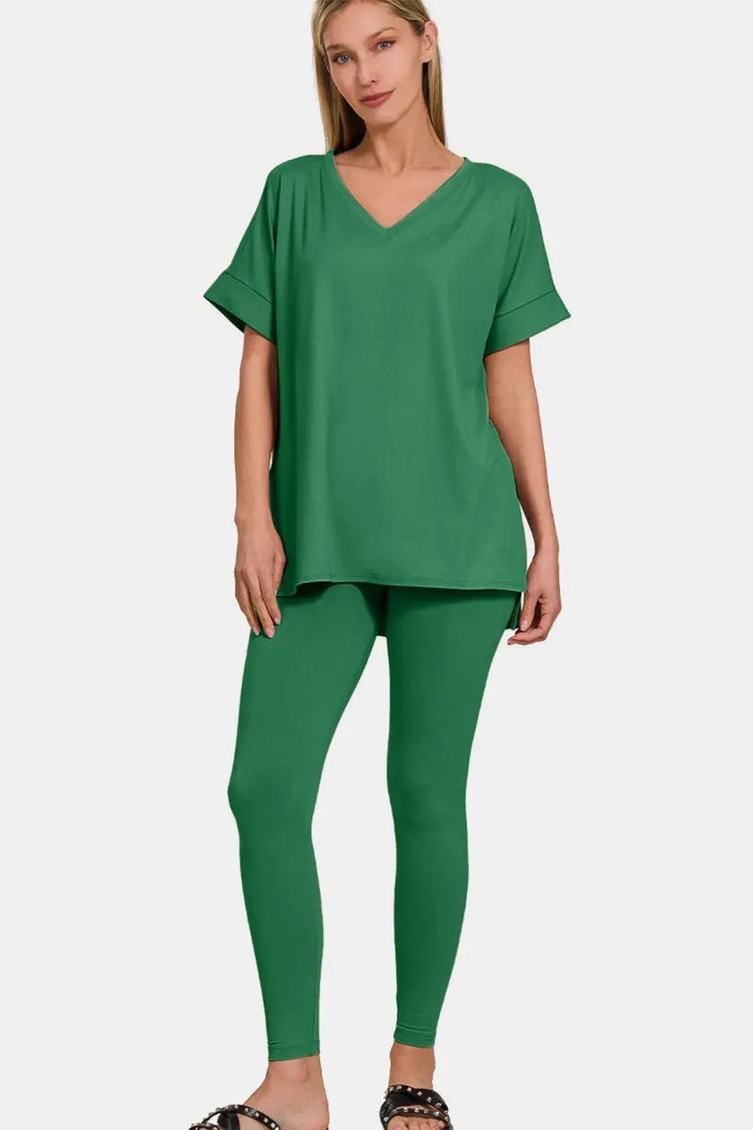 Zenana V-Neck Rolled Short Sleeve T-Shirt and Leggings Lounge Set  Style Ratio