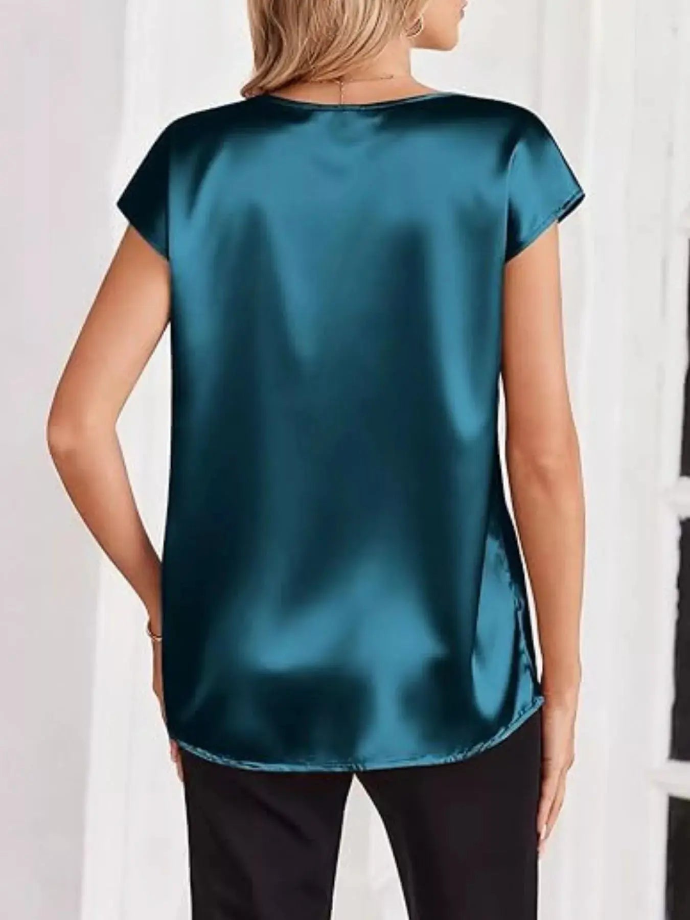 Satin V-Neck Short Sleeve Blouse  Style Ratio