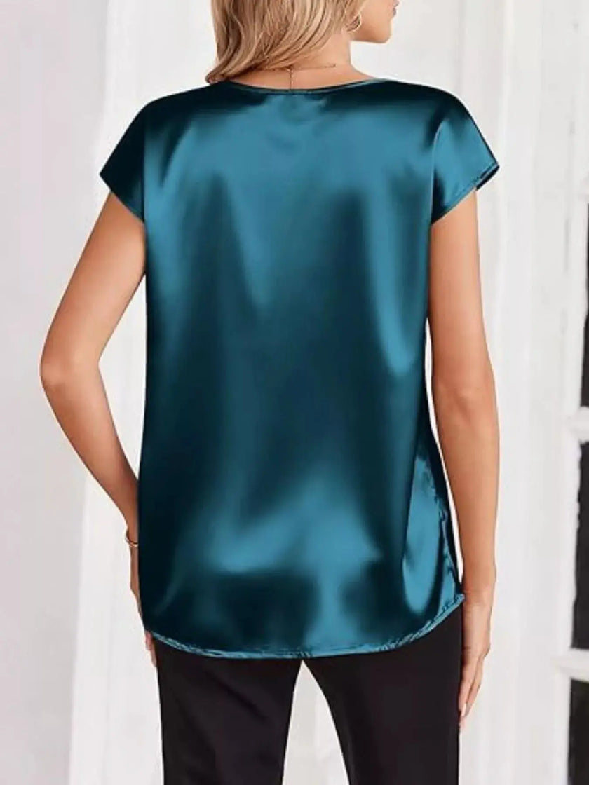 Satin V-Neck Short Sleeve Blouse  Style Ratio