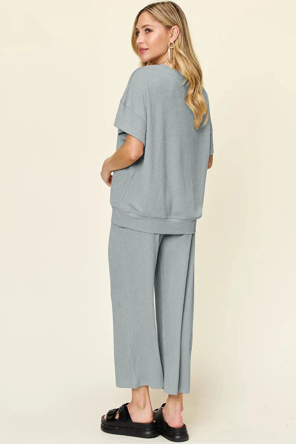 Double Take Texture Round Neck Short Sleeve Shirt and Wide Leg Pants  Style Ratio