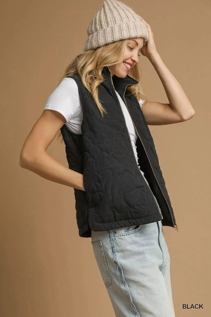 Umgee Quilted Floral Zip Up Vest with Pockets  Style Ratio