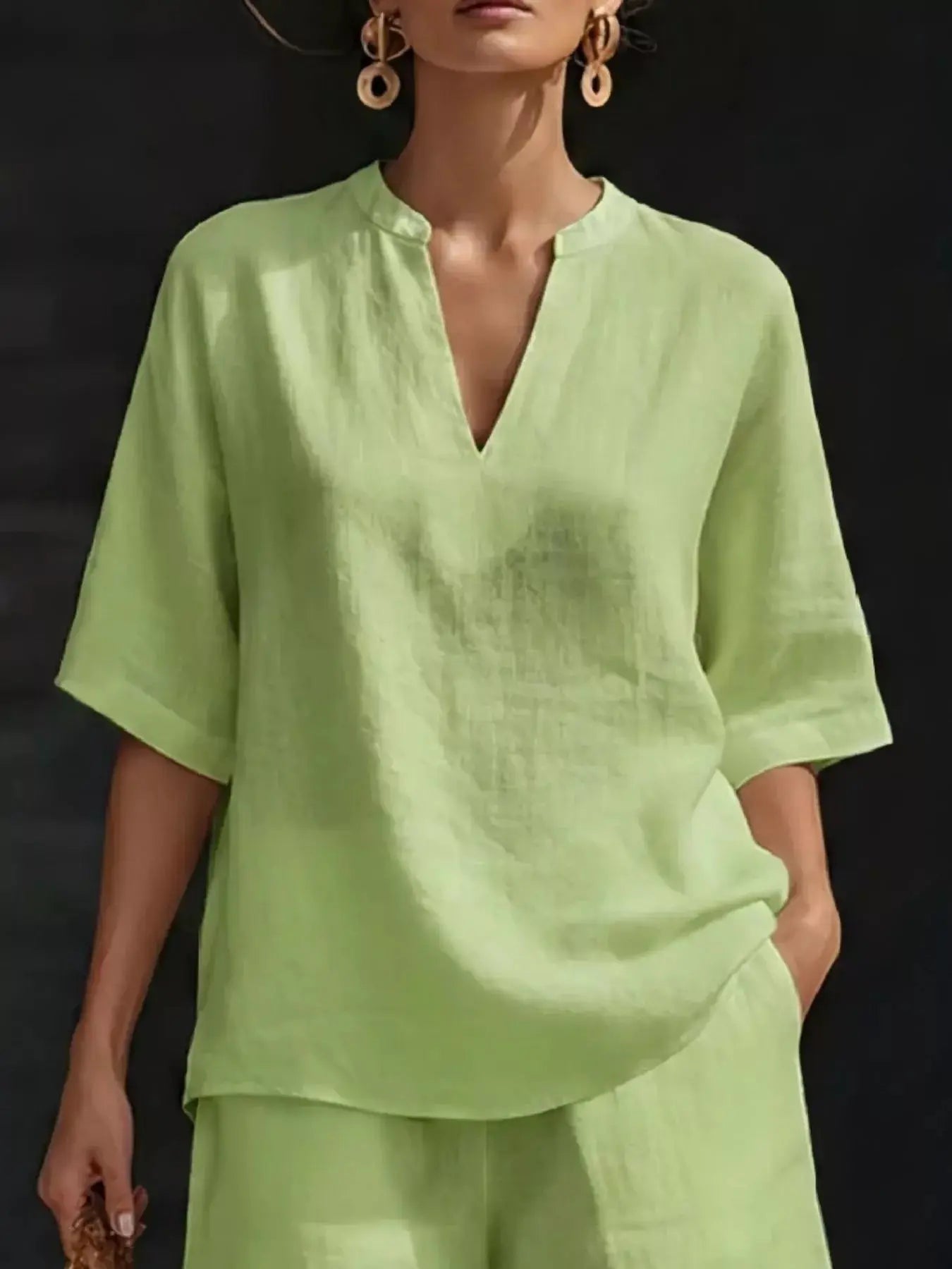 Full Size Notched Half Sleeve Top and Shorts Set  Style Ratio