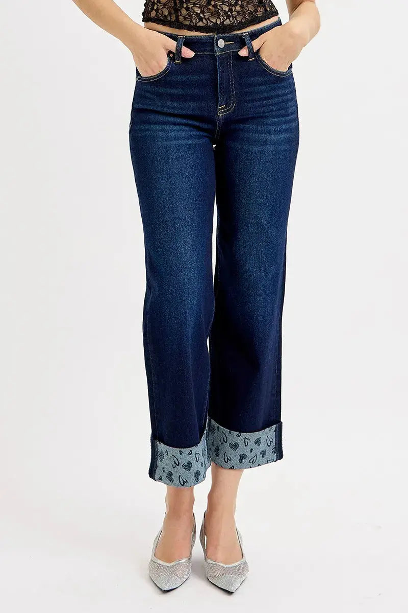 RISEN Mid Rise Fit Crop Wide With Printed Cuff Jeans  Style Ratio