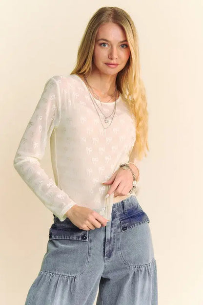 Davi & Dani Bow Mesh Round Neck Long Sleeve Top Trendsi