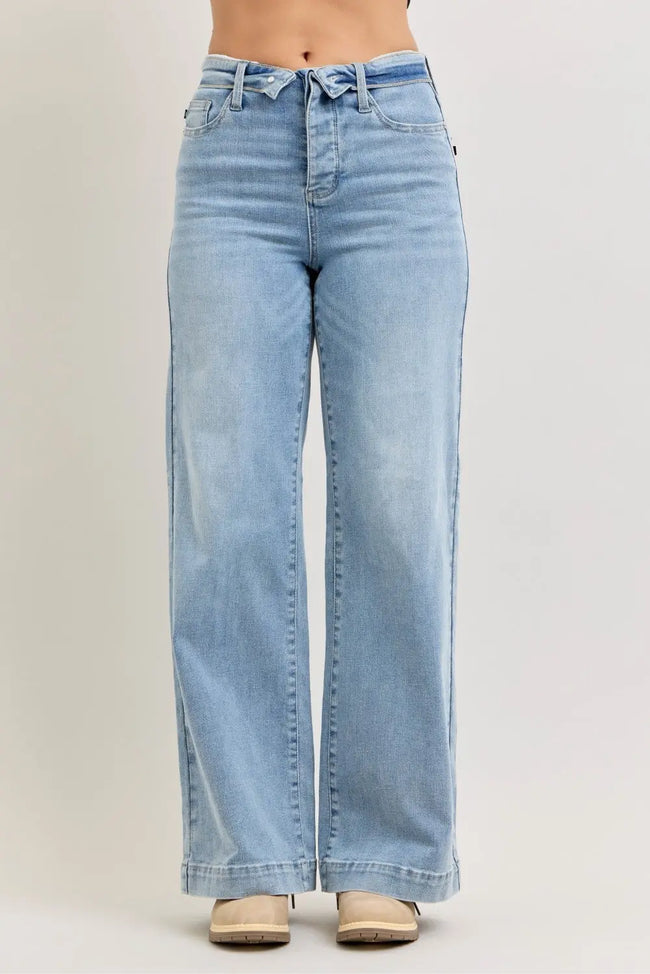 Judy Blue Mid Rise Retro Wide Leg Jeans with Fold-over Waistband  Style Ratio