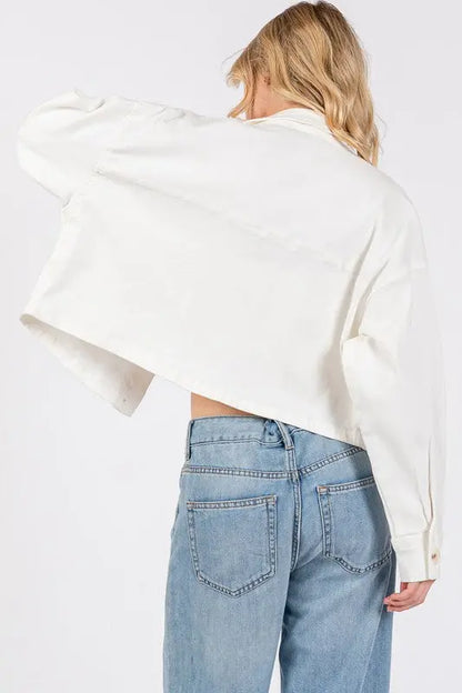 Bytos Button Down Cropped Denim Jacket with Patch Pockets Trendsi