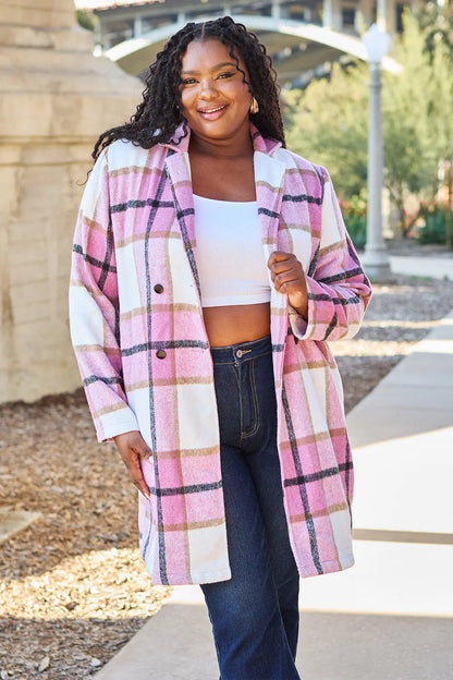 Double Take Plaid Button Up Lapel Collar Coat Trendsi