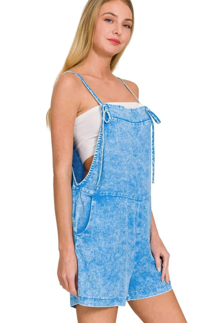 Zenana Washed Linen Knot Strap Rompers  Style Ratio