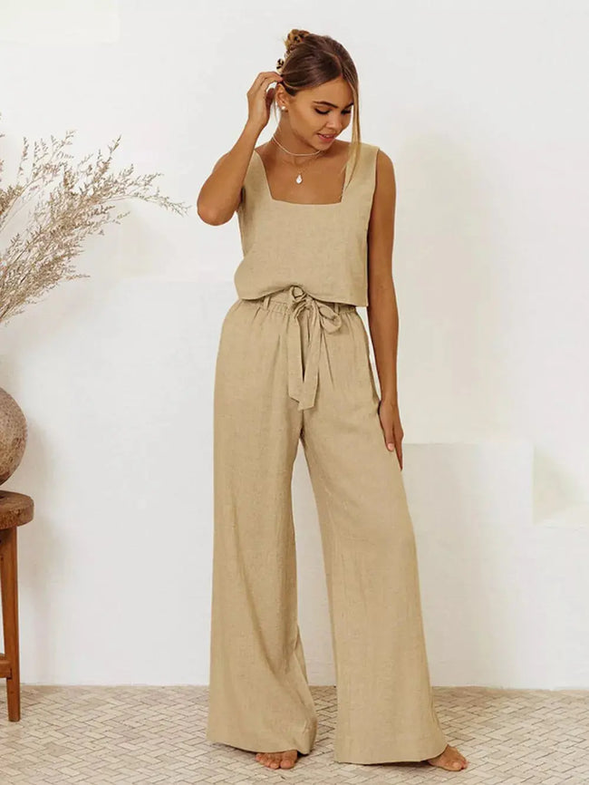 Square Neck Sleeveless Top and Pants Set  Style Ratio