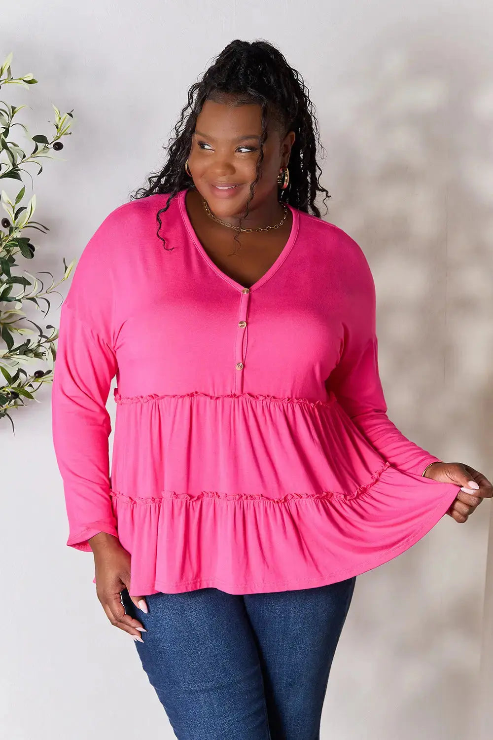 Double Take Half Button Long Sleeve Ruffle Hem Blouse  Style Ratio
