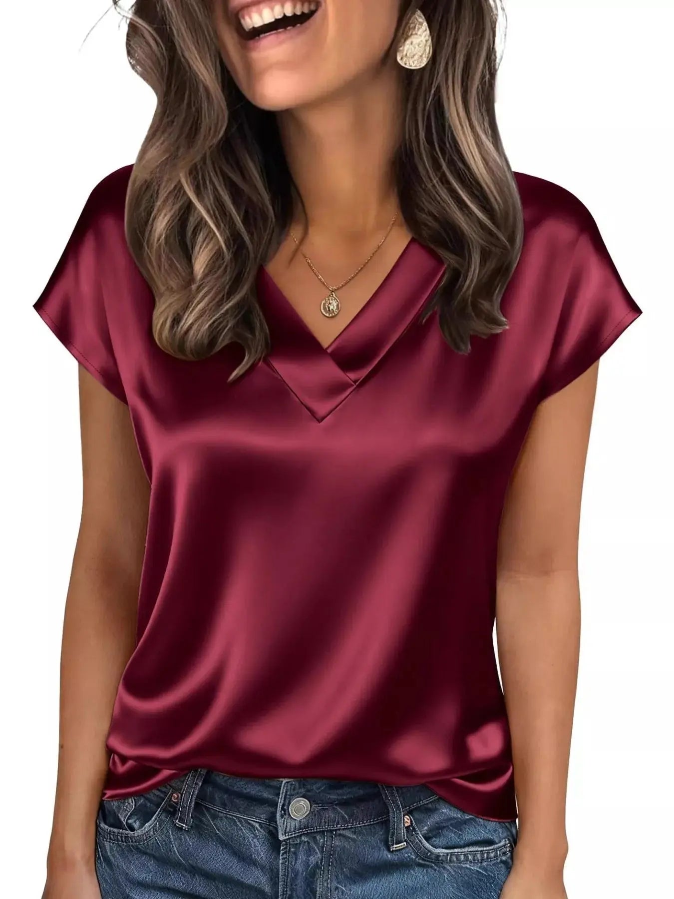Satin V-Neck Cap Sleeve Blouse  Style Ratio