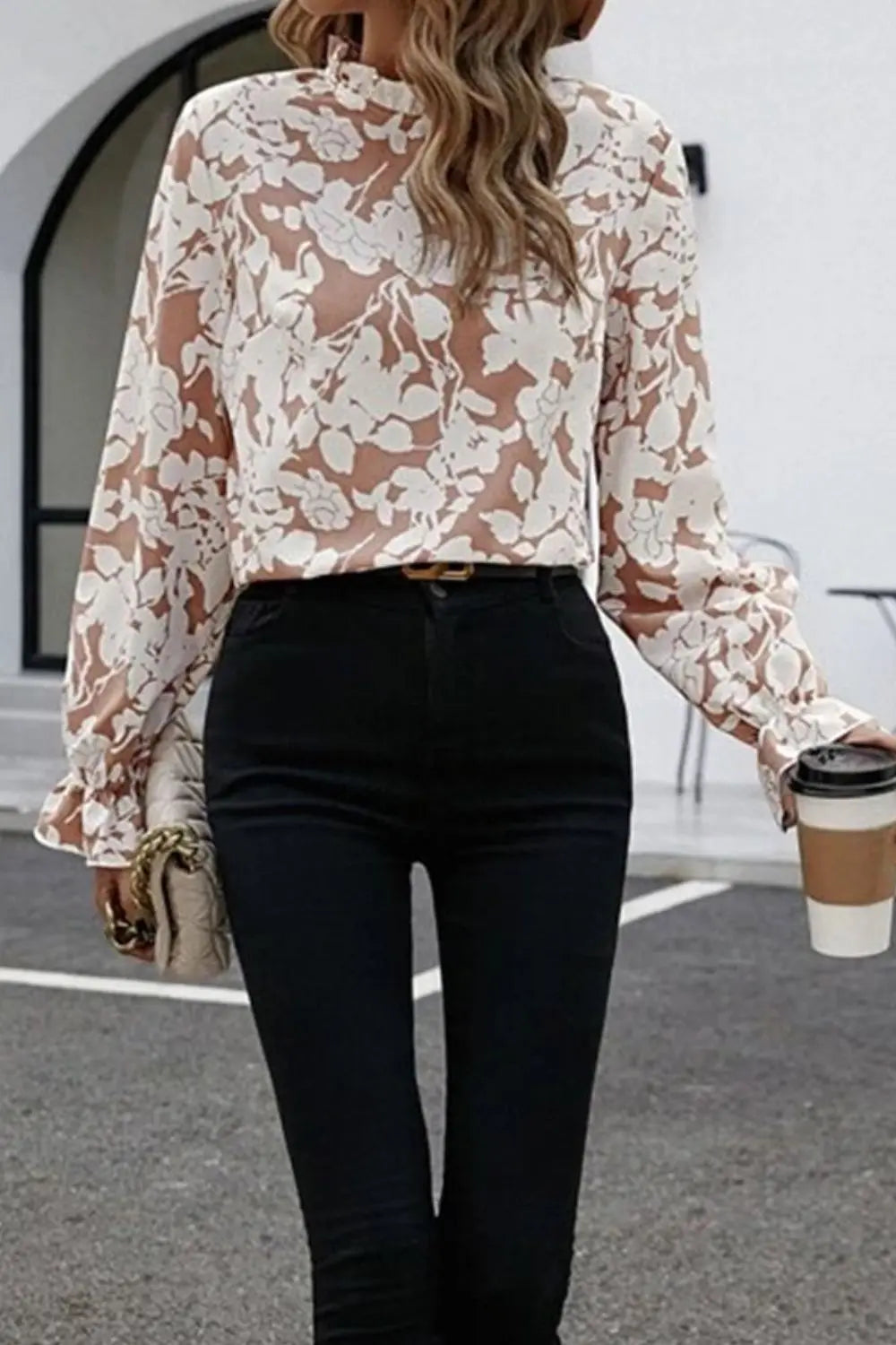 Floral Print Mock Neck Flounce Sleeve Blouse  Style Ratio