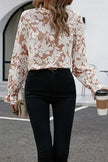 Floral Print Mock Neck Flounce Sleeve Blouse  Style Ratio
