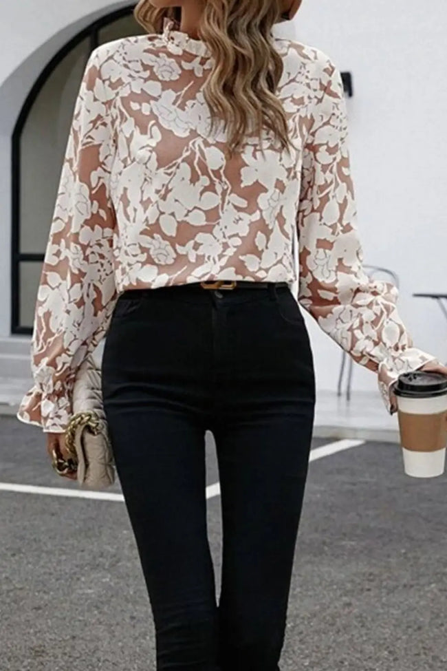 Floral Print Mock Neck Flounce Sleeve Blouse  Style Ratio