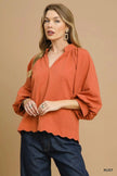 Umgee Textured Notched Balloon Sleeve Blouse with Scalloped Hem  Style Ratio