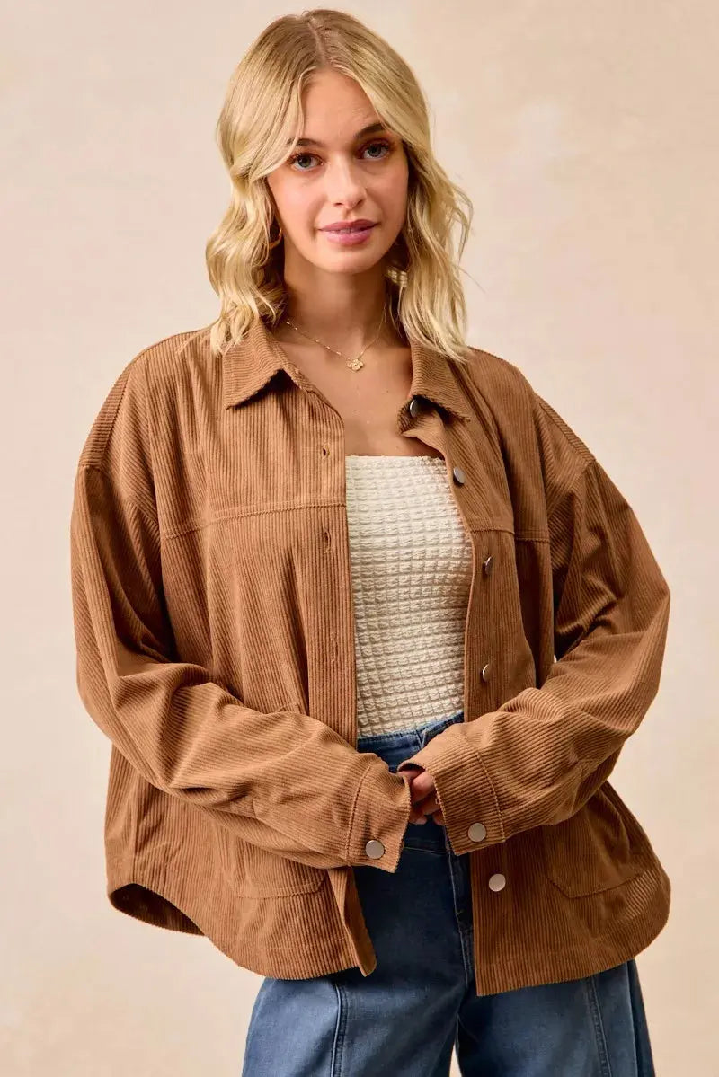 BiBi Corduroy Relaxed Fit Long Sleeve Shacket  Style Ratio