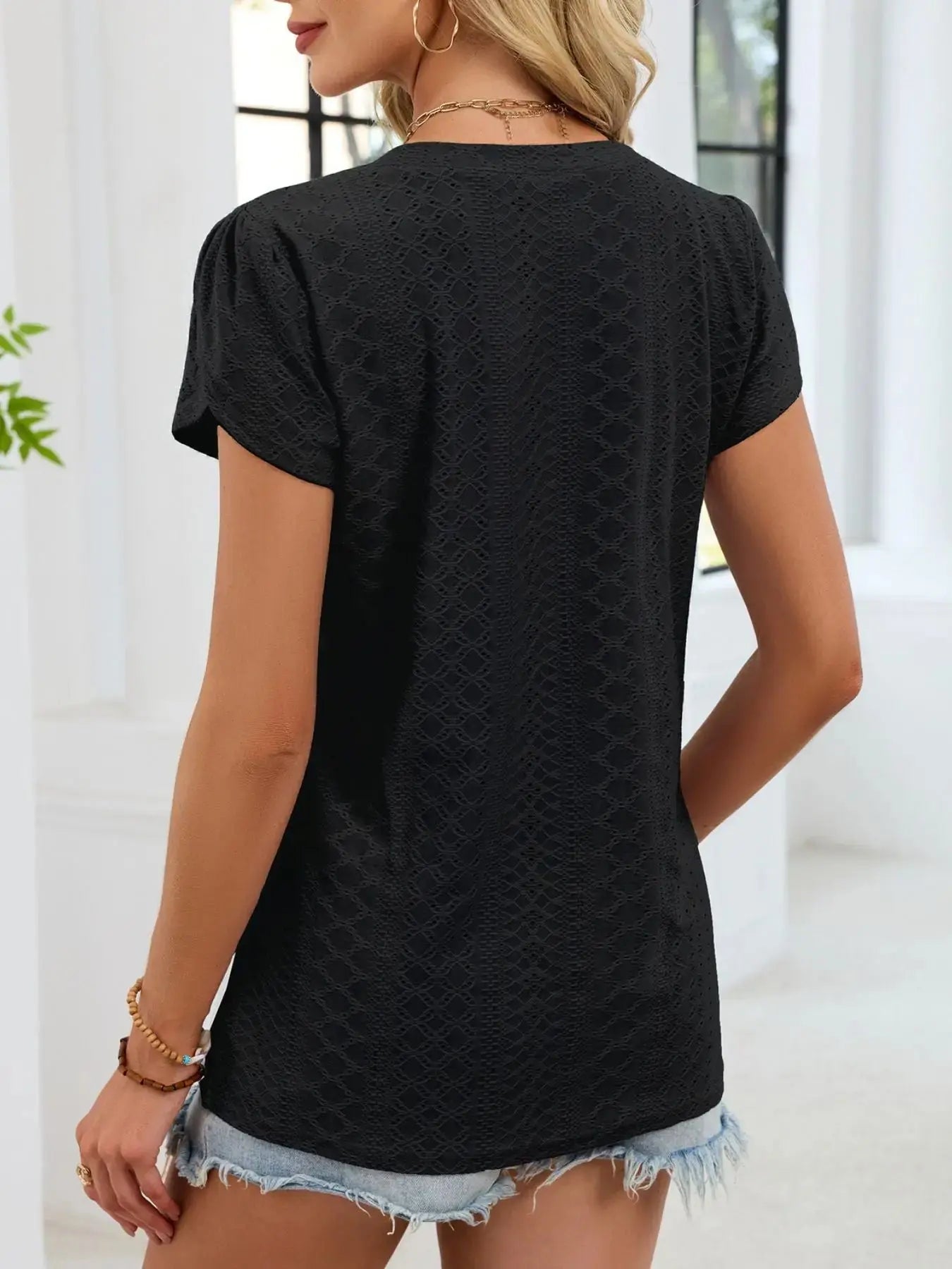 Eyelet Petal Sleeve V Neck Shirt  Style Ratio