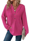 Full Size Button Detail Waffle Knit Hoodie  Style Ratio