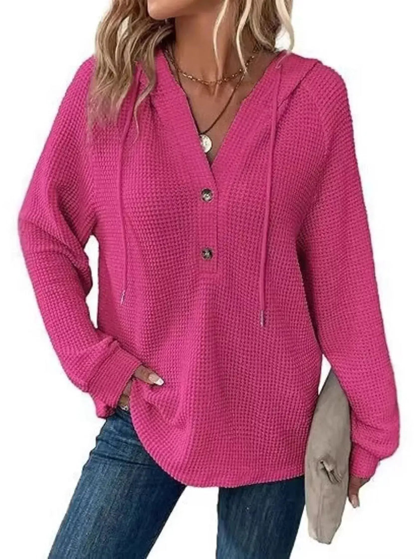 Full Size Button Detail Waffle Knit Hoodie  Style Ratio