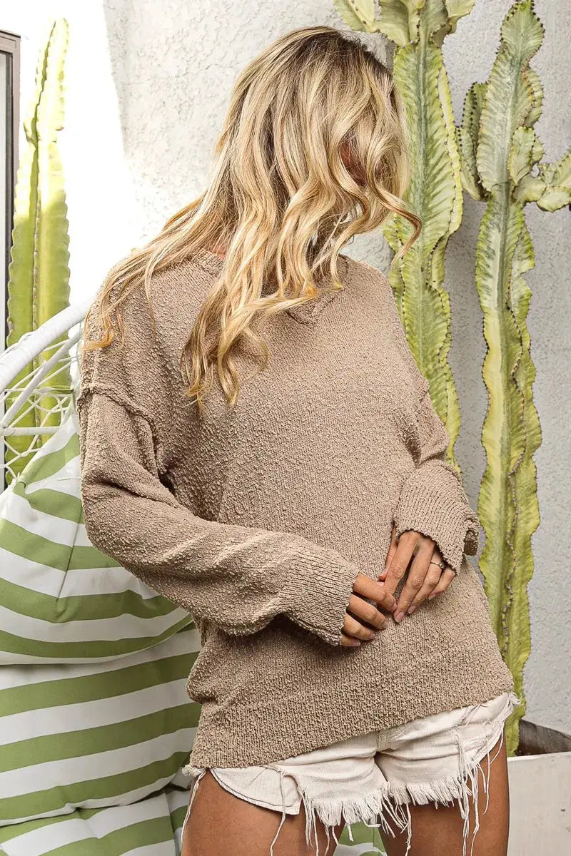 BiBi Raw Edged Popcorn Texture V-neck Sweater  Style Ratio
