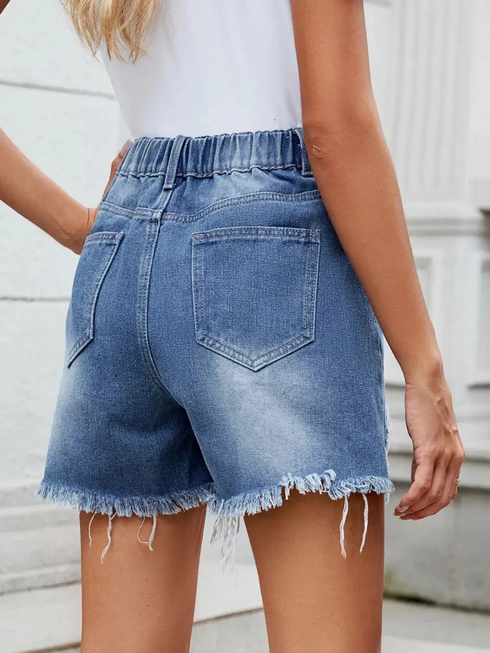Distressed Raw Hem Asymmetrical Waist Denim Shorts  Style Ratio