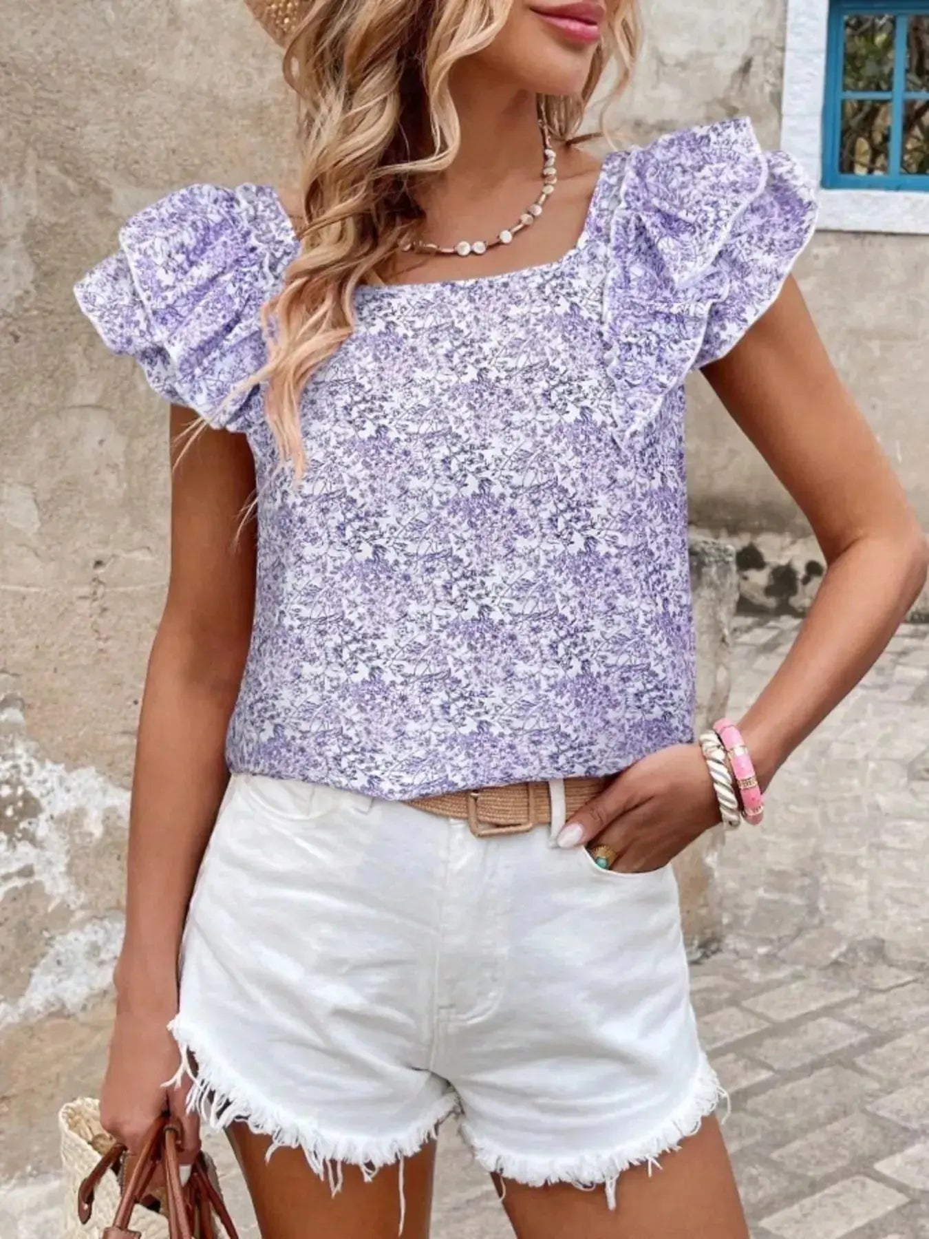 Floral Print Ruffle Trim Blouse  Style Ratio